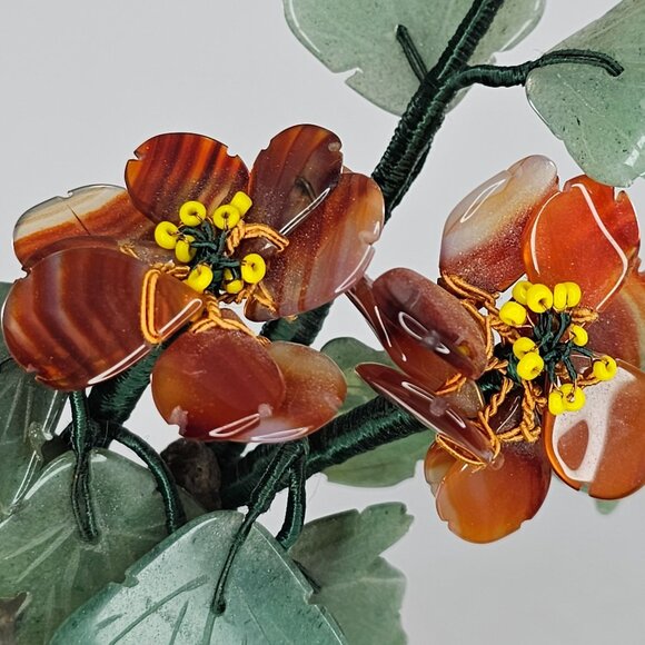 Vintage Chinese Jade Bonsai Tree Carved Carnelian Gemstone Brass Planter - Picture 6 of 9